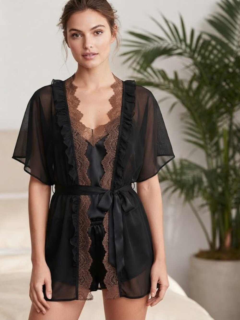 DESIGNER SHORT ROBE kimono sheer lace mesh S/M